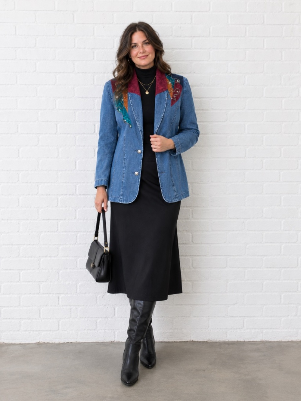 Vintage Artisan Denim Blazer Velvet Patchwork Wearable Art Jacket Size 8